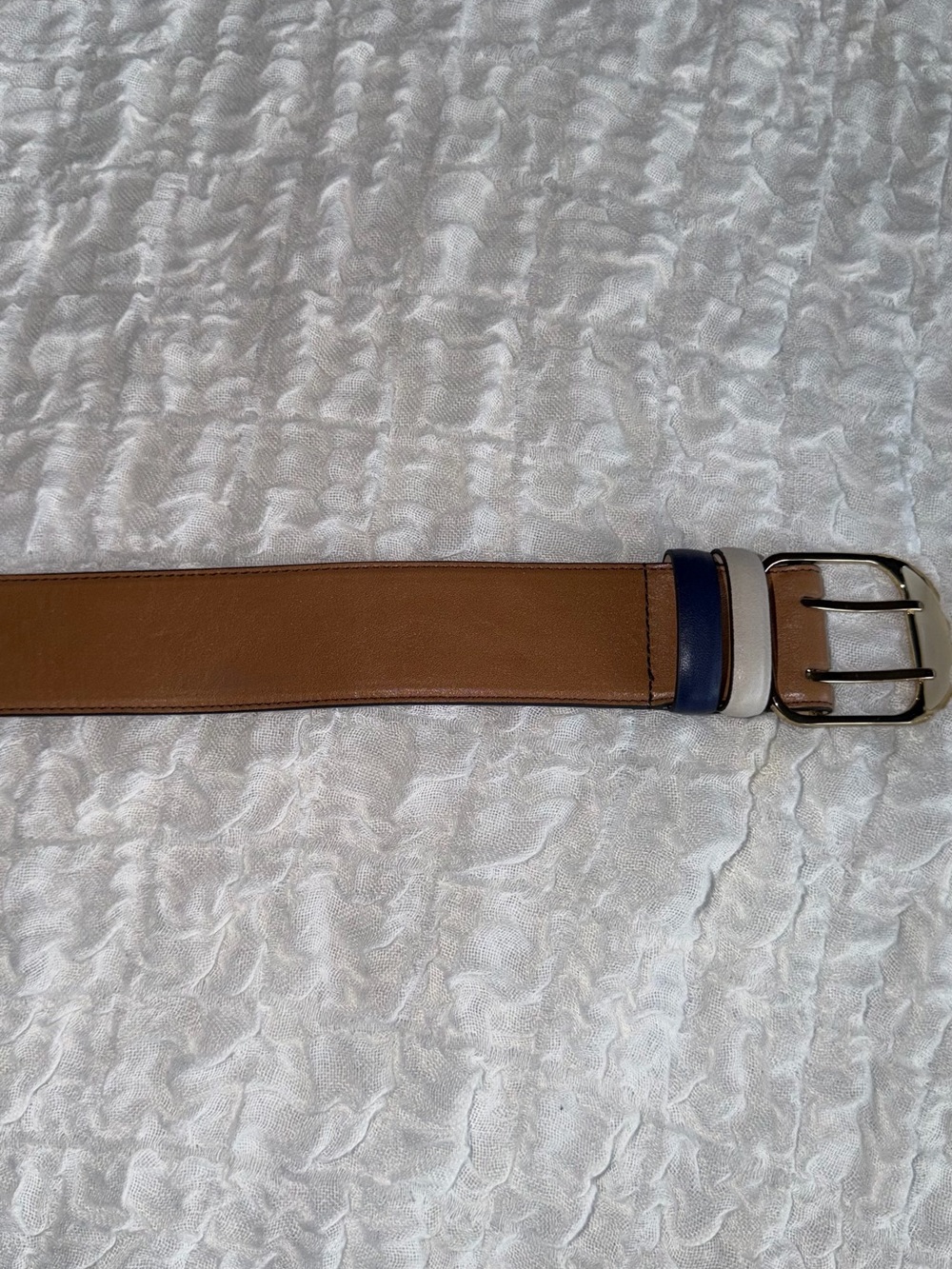 Ann Taylor 100% Leather Belt Gold Buckle with Navy and Cream Accents - Picture 7 of 11